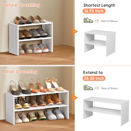 2 Pack White Expandable Shoe Rack Organizer for Closet and Entryway - 2-Tier Stackable Shoe Storage Shelf - Small Iron Wood Combo - Narrow Space, 15-24 Pairs - Variation of THIS listing