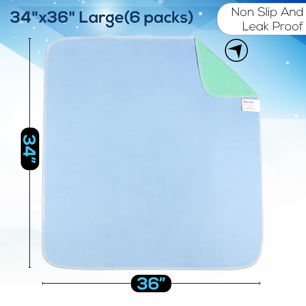 Simpli-Magic Washable Underpads - Heavy Absorbency Reusable Bedwetting Pads | 34"x36" (Pack of 6)