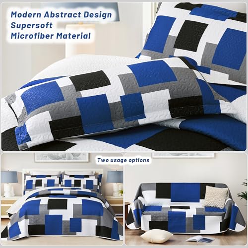 Blue White Grey Quilt Bedding Set Full/Queen Size - Modern Patchwork Comforter Coverlet