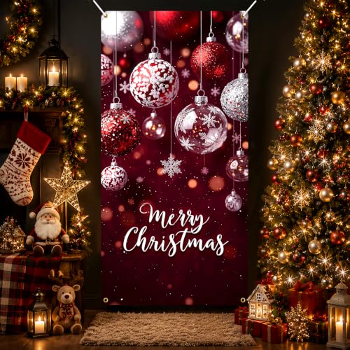 KKYEJLQYI Merry Christmas Door Banner 35x71 Burgundy Glitter Snowflake, Indoor Outdoor Xmas Decor - Merry Christmas-8