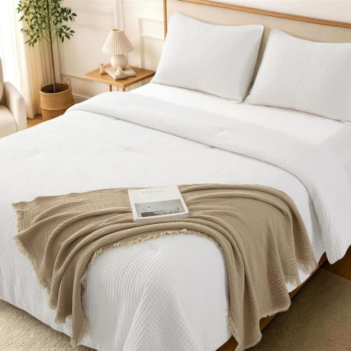 King Size White Waffle Weave Comforter Set - Breathable 100% Cotton Shell