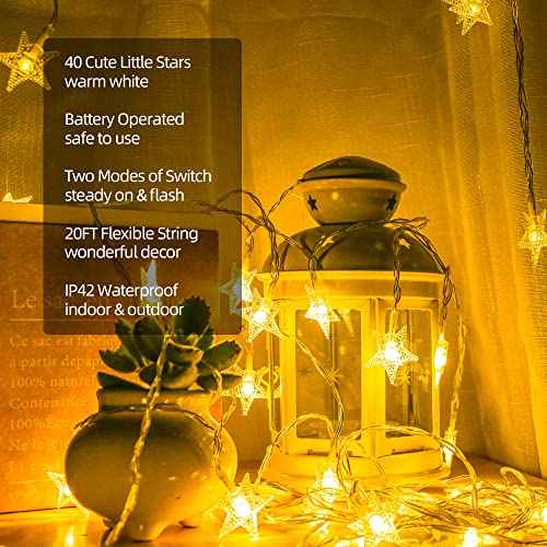Star String Lights Battery Operated, 20Ft 40 LED Star Fairy Lights Warm White Christmas Twinkle Lights Indoor Outdoor for Bedroom Home Canopy Fireplace Wedding Party Xmas Tree Decoration