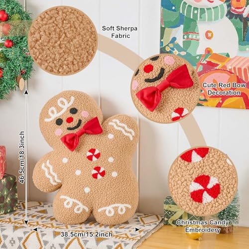 Lanpn Christmas Gingerbread Boy Pillow - Seasonal Decorative Throw Cushion, 15.2x18.3 inch, Soft Fleece, Xmas Home Decor, Variation 01 Boy