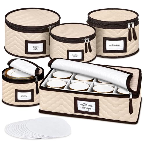 Beige 5-Piece China Storage Container Set Quilted Dinnerware Organizer