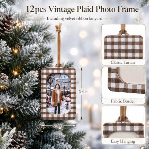Pinkunn 12 Pcs Christmas Gingham Photo Frame Ornaments 2x3 in Multi Color - Cotton Rustic