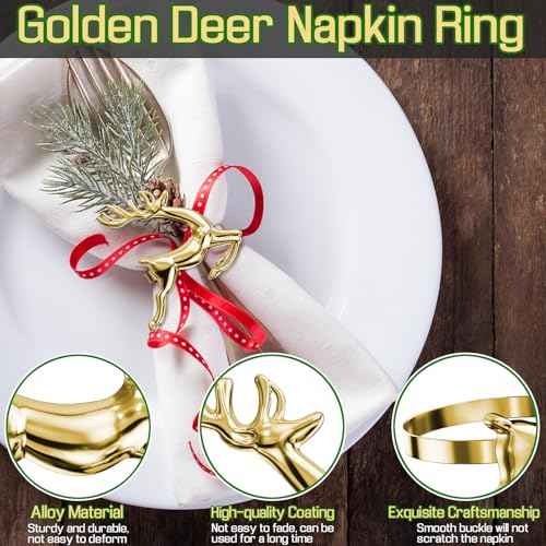 ZeeDix Gold Reindeer Christmas Napkin Rings Set of 6, Napkin Holder Ring for Christmas Dinner Table Decor Cloth Napkins, Wedding Receptions, Holiday Party, Banquet and Home Kitchen
