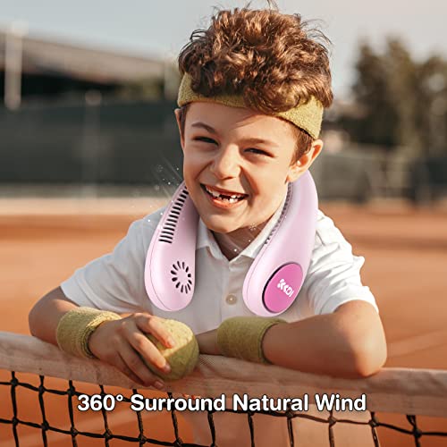 Pink Kids Neck Fan Portable Bladeless Cooling Fan for Children 4-14Y, USB Rechargeable, 4 Speeds, Lightweight Summer Gift
