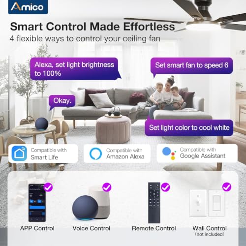 Amico 52-Inch Black RGB Ceiling Fan with Lights, Flush Mount Smart Indoor/Outdoor