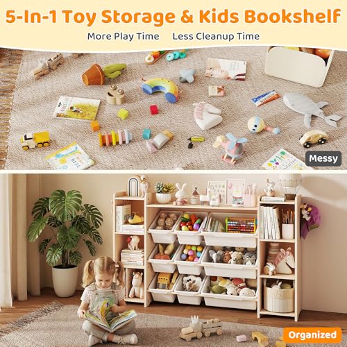 GITAWUSA White Toy Storage Organizer with 6 Shelves, 9 Bins & 6 Hooks - 57"W Kids Bookcase & Playroom Storage
