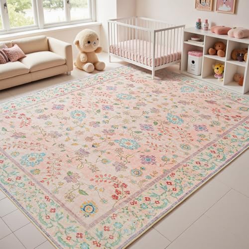 8x10 Pale Pink Floral Rug for Girls Room Non Slip Washable Boho Low Pile Carpet