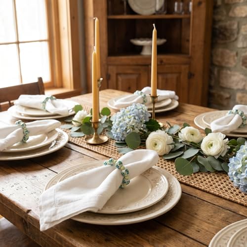 NUOYIA 8Pcs Hand Painted Green White Porcelain Napkin Rings Set C-8 for Holiday & Wedding Table Decor
