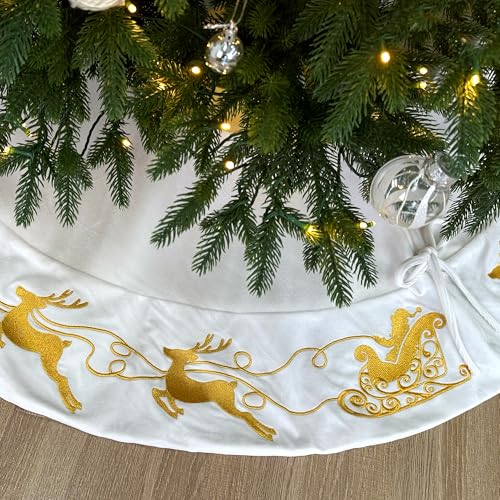 Ivory 60-Inch Velvet Christmas Tree Skirt with Gold Reindeer & Santa Embroidery, Lace Ties