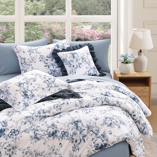 Rain Washed Oversized Queen Comforter Set 7 Pieces Blue Floral Bed in a Bag