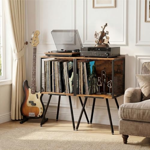 Faesun Rustic Vinyl Record Player Stand with Storage, 15.7''W x 12.6''D x 28.3''H, Display Slot, Holds 100+ LPs