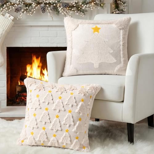 AOLIME Christmas Tree Pillow Covers Set of 2 18x18 Inch Double-Sided Embroidered Faux Fur Holiday Decor