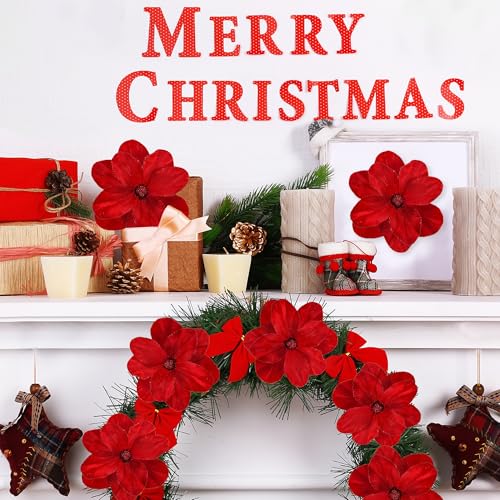 Sggvecsy 10Pcs Red Christmas Glitter Magnolia Flower Ornaments Artificial Poinsettia for Holiday Decor