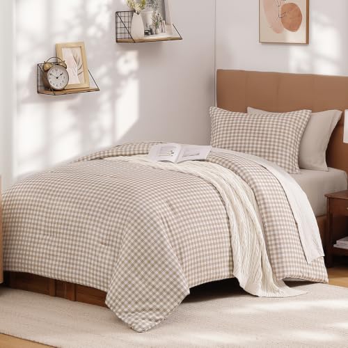 Twin Gingham Comforter Set - Tan Checkered Grid Bedding with Pillowcase - 66x90 inches - Variation 05