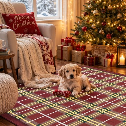 Jinchan 2x5 Christmas Runner Rug, Tart an Plaid - Red/Green, Washable Entryway Hallway