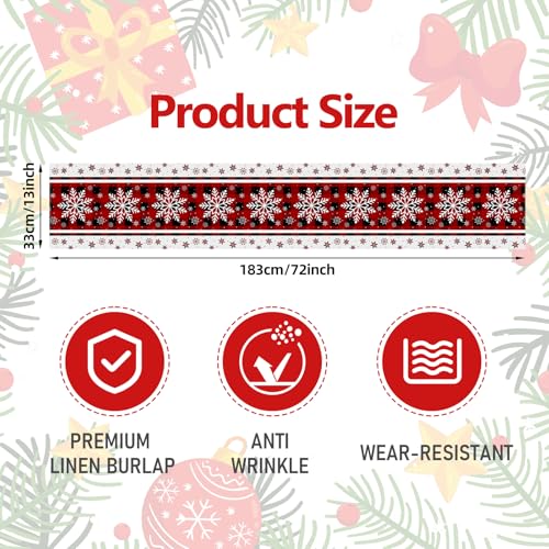 Pedenty Red Buffalo Plaid Christmas Table Runner with White Snowflakes, 72 x 13 in (Variation: Red Snowflake)