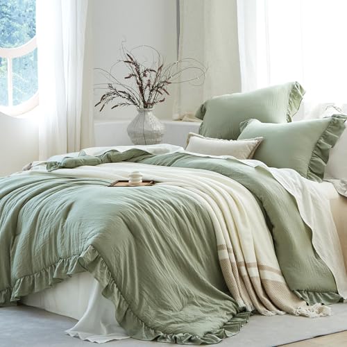 Sage Green Ruffle Comforter Set - Queen Bedding with 2 Shams - Soft & All-Season