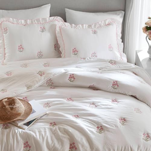 Pink Floral Ruffle Quilt Set - Queen Size, 3 Pieces, Microfiber Bedding