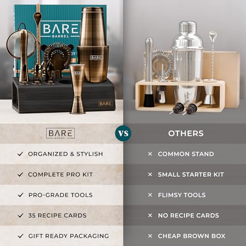 Mixology Bartender Kit Bar Set - 28oz Boston Shaker Brass & Black - 14-Piece Cocktail Barware with Recipe Cards