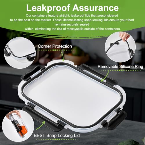 36oz Glass Meal Prep Containers with Dividers - 6 Pack, Leak-Proof, Microwave Safe