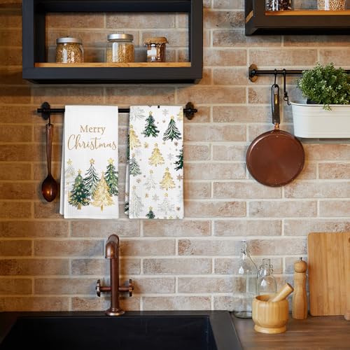 Gold and Green Christmas Tree Kitchen Towels Set of 2 - 16x24 in, DVHDAJED