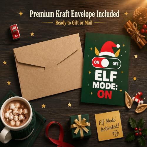 Elf Mode Christmas Card — ON/OFF Switch with Elf Ears, Dark Green 5x7