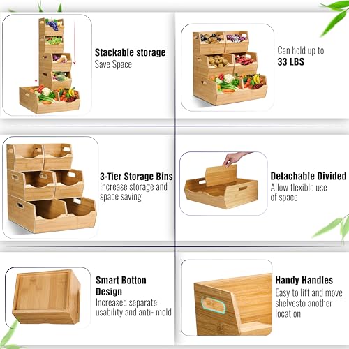3-Tier Stackable Bamboo Pantry Storage Bins for Fruits Vegetables & More