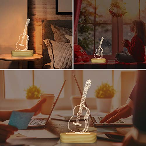 Guitar 3D Illusion Optical Night Light LED Bedside Lamp for Children Men Him Musicians Lovers Christmas Gifts Soft Warm White Colour