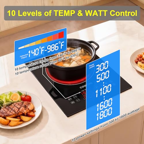 Cooktao 12 Inch Single Burner Electric Hot Plate 1800W Infrared Cooking Stove with Temperature & Wattage Control