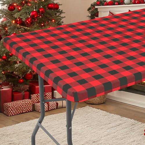 Smiry 72 x 42 inch Flannel-Backed Waterproof Vinyl Tablecloth - Red & Black Gingham, Elastic-Fit Fitted Table Cover