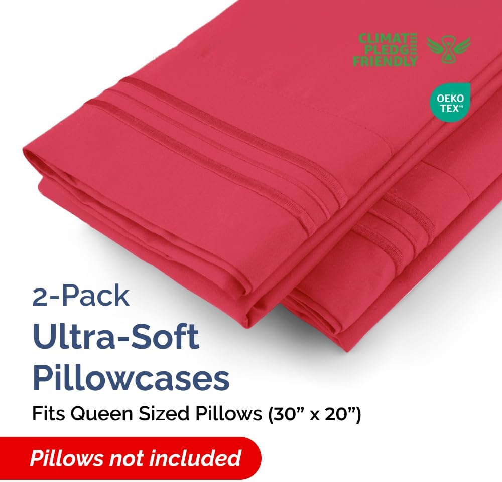 Ultra Soft Queen Pillow Cases Set of 2 | Hotel Quality, Cooling & Wrinkle-Free - Red