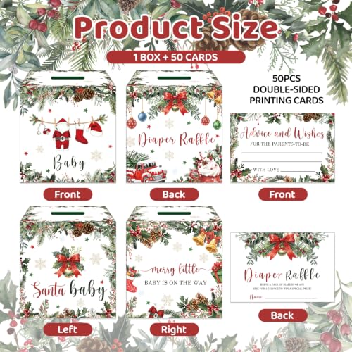 Christmas Baby Shower Decorations Games - 51pcs Diaper Raffle Box & Tickets, Merry Little Theme
