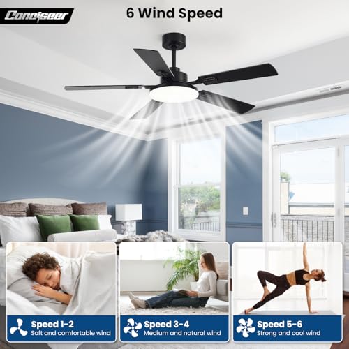 52-Inch Ceiling Fan with Lights Remote Control Black/Wood Grain - Reversible, Dimmable, Quiet DC Motor