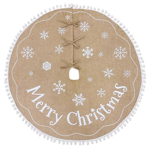 AerWo 48 Inch Burlap Christmas Tree Skirt with Snowflake Pattern – Brown