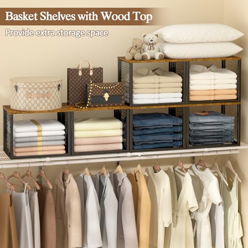 Black 3-Pack Stackable Closet Organizers with Wooden Top, Multi-Use Storage Bins