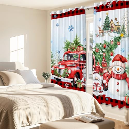 Unibyby Christmas Snowman & Red Truck Blackout Curtains 52"x84" Set 2 Panels, Holiday Window Treatment