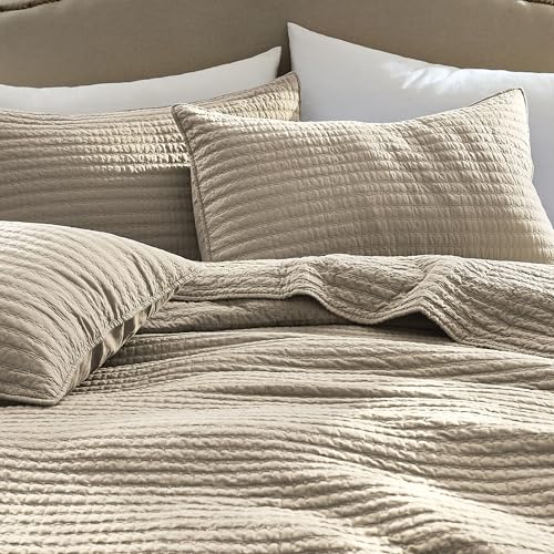 Linen King Size Quilt Set - Warm Yellow Tint, 100% Cotton, Channel Pick Stitch