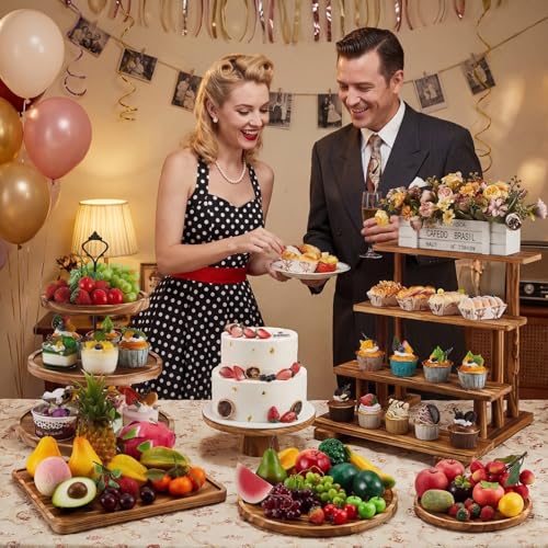 Wood Dessert Table Stand Set - 3 Tier, 4 Tier, Cupcake & Square Trays - Brown - Roowest