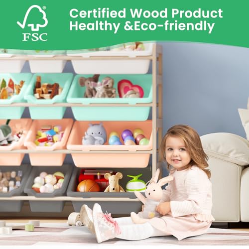 Kids Toy Storage Organizer with 3 Shelves & 12 Bins - Multi Color, Solid Pine Wood