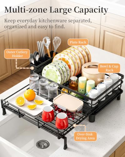 Black Expandable Dish Drying Rack for Kitchen Counter and Sink - Rust-Resistant Metal