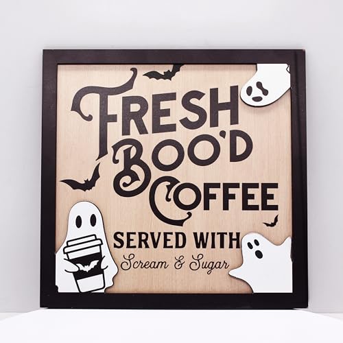 Halloween Decorations Wooden Hanging Sign, Fresh Boo'd Coffee Ghost Door Hanger Sign For Outdoor Home Farmhouse Wall Window Yard,Party Supplies Halloween Christmas.(007)