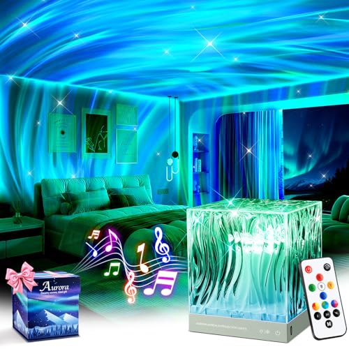 Blue Northern Lights Projector Night Light with White Noise & Bluetooth Speaker - 4-in-1 Crystal Lamp for Bedroom & Kids Gifts