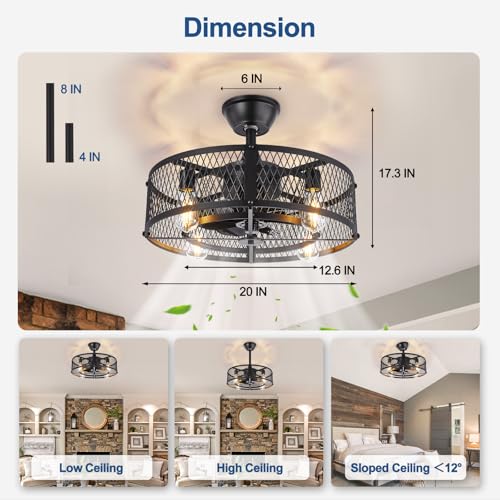 20-Inch Farmhouse Caged Ceiling Fan with Light and Remote Control - Black Rustic Style