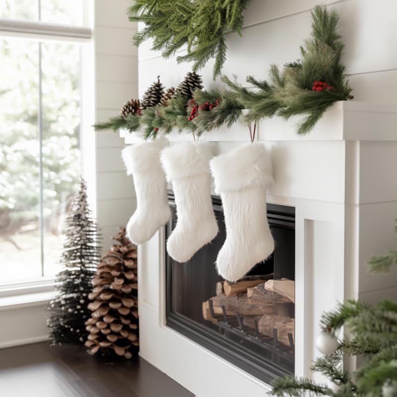 AOGU 3 Pack 18in Snowy White Faux Fur Christmas Stockings - White Hanging Stockings