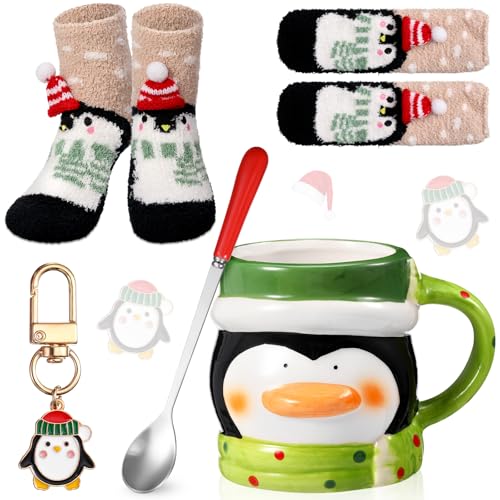 Sliner Penguin Christmas Mug Gift Set with Spoon, Socks & Keychain - Holiday Coffee Cup