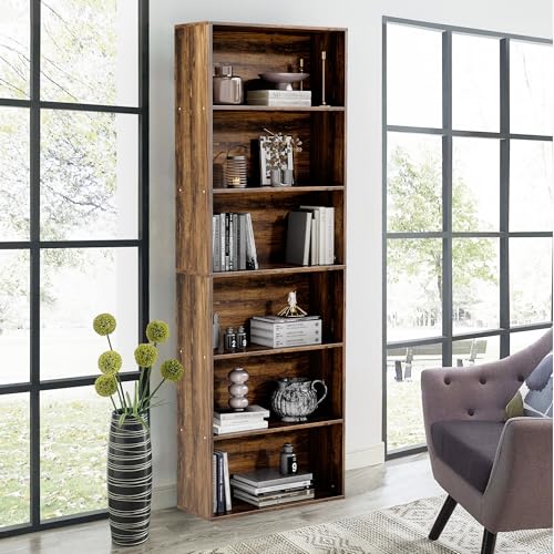 GRUSIGN 71-Inch Tall 6-Tier Bookcase Brown Large Storage Display Shelf