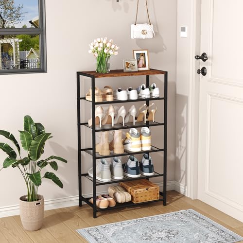 Rustic Brown 6-Tier Shoe Rack - Narrow Industrial Shoe Organizer for Closet Entryway